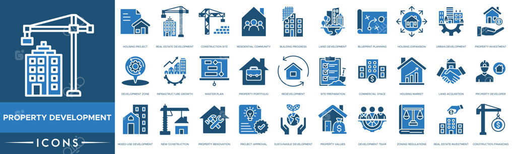 آیکون توسعه املاک، پروژه مسکونی، توسعه املاک و مستغلات، کارگاه ساختمانی، مجتمع مسکونی، پیشرفت ساخت‌وساز، توسعه اراضی، طراحی نقشه ساخت، گسترش مسکن