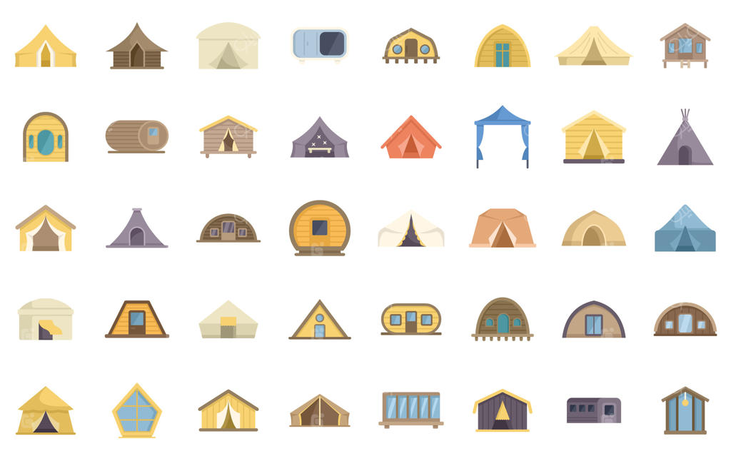 مجموعه آیکون‌های چادر کمپینگ با سبک‌های مختلف برای سفرهای تفریحی یا گلَمپینگ در فستیوال‌ها