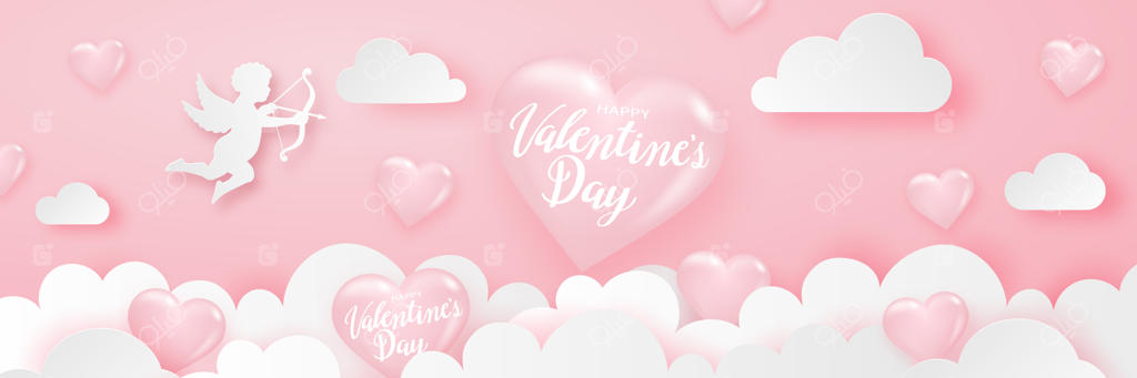 بنر روز ولنتاین مبارک با قلب‌ها، فرشته عشق و ابرها، پس‌زمینه صورتی و جشنانه‌ای لطیف.