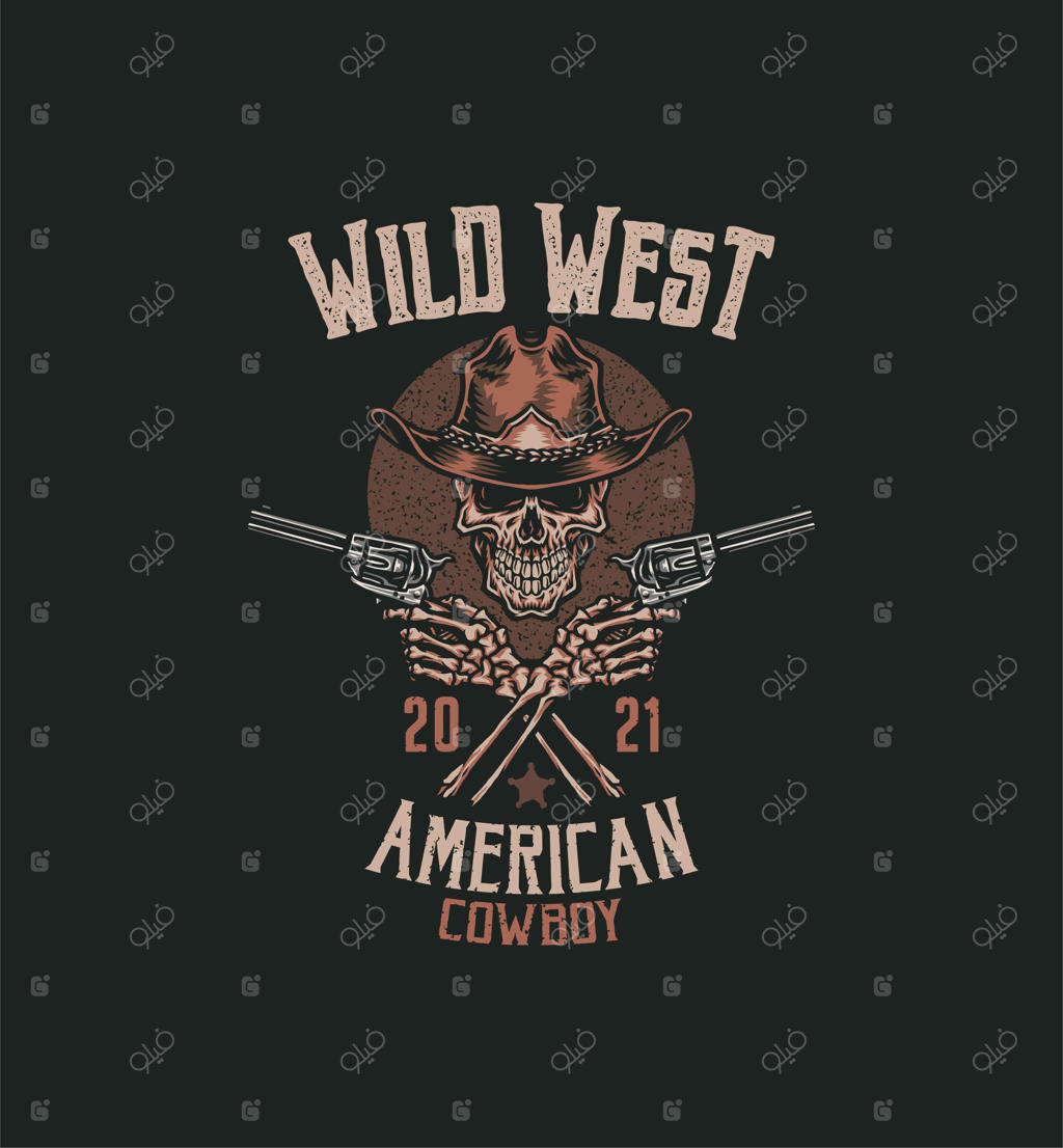 تیشرت جمجمه کابوی، طراحی دستی با رنگ دیجیتال، تصویرسازی