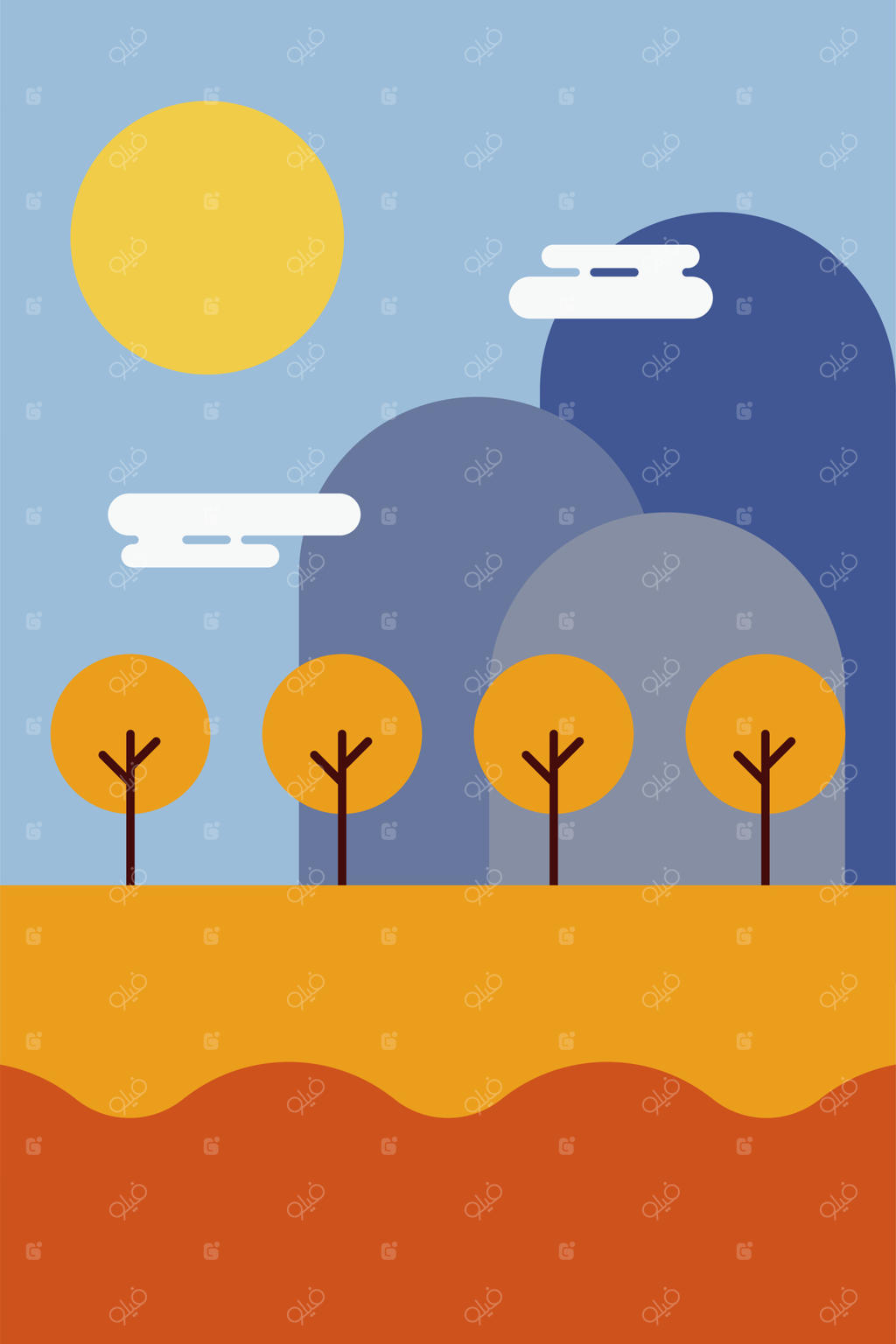 تصویرسازی منظره مینیمال و رنگارنگ با طراحی تخت برای دکوراسیون مدرن دیواری