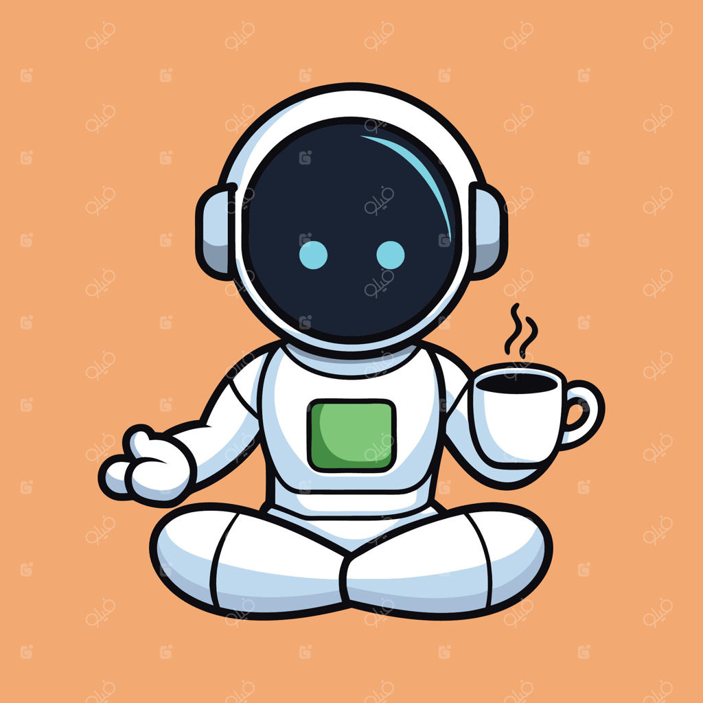 تصویر کارتونی یوگای فضانورد با قهوه