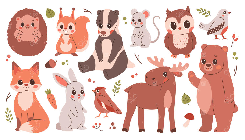 مجموعه بزرگی از برچسب‌ها و کلیپ‌آرت‌های بامزه پاییزی شامل حیوانات، پرندگان و گیاهان - طراحی برای شکرگزاری