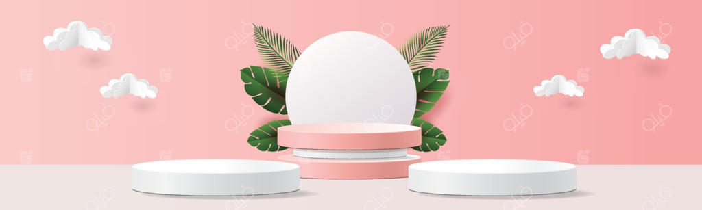 ماکت سکوی سه‌بعدی هندسی با مفهوم برگ‌های استوایی برای نمایش محصول، پس‌زمینه صورتی و آبی، صحنه‌ای انتزاعی و مینیمال برای ارائه محصول، وکتور