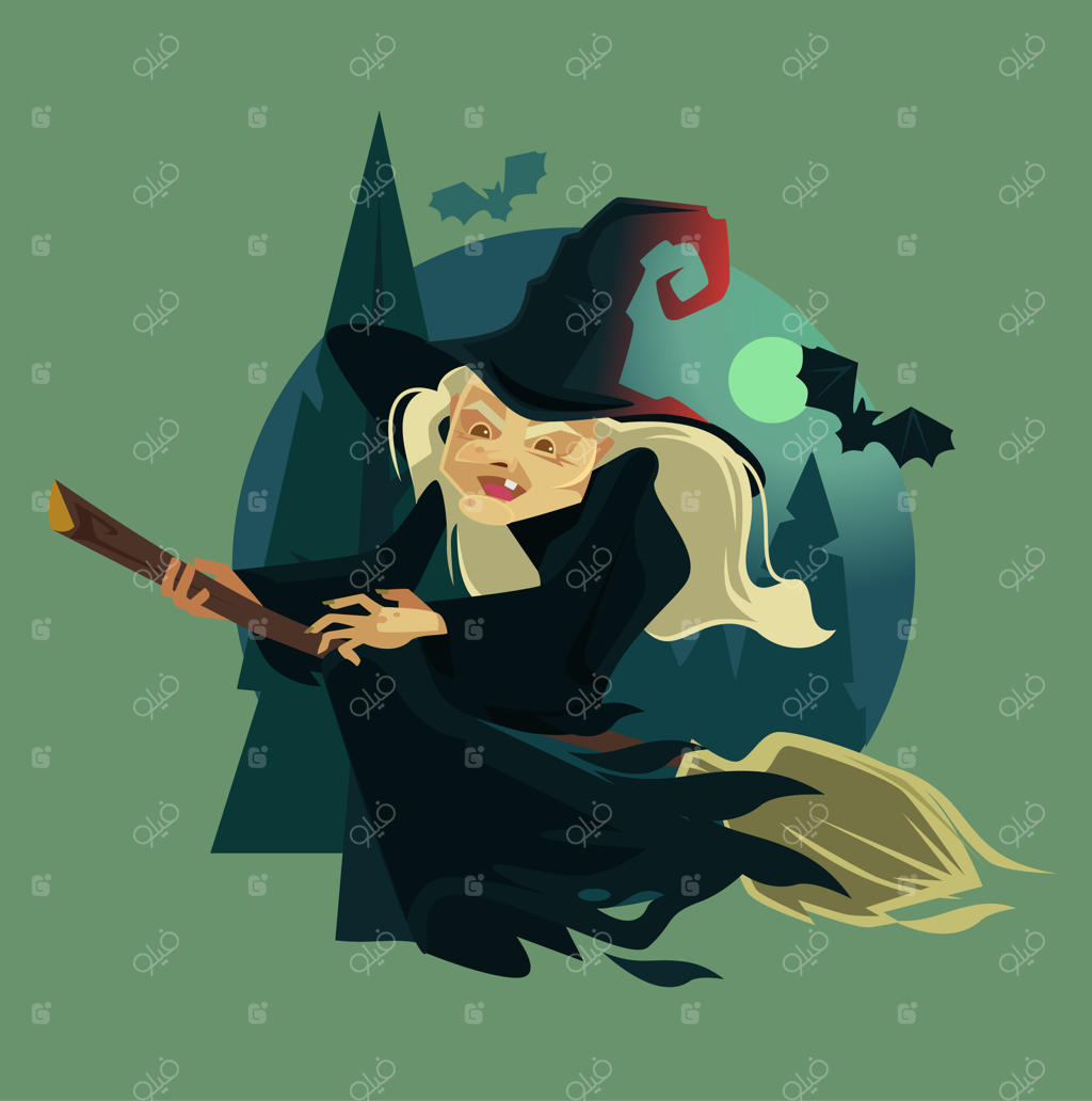 شخصیت ماسکوت جادوگر پیر و شرور با لبخند شاد - تصویر کارتونی ساده