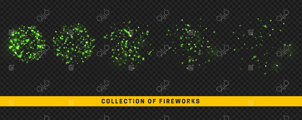 نور آتش‌بازی، انفجارهای آتش‌بازی. مجموعه‌ای از جلوه‌های نوری با طراحی واقع‌گرایانه. تصویرسازی وکتور