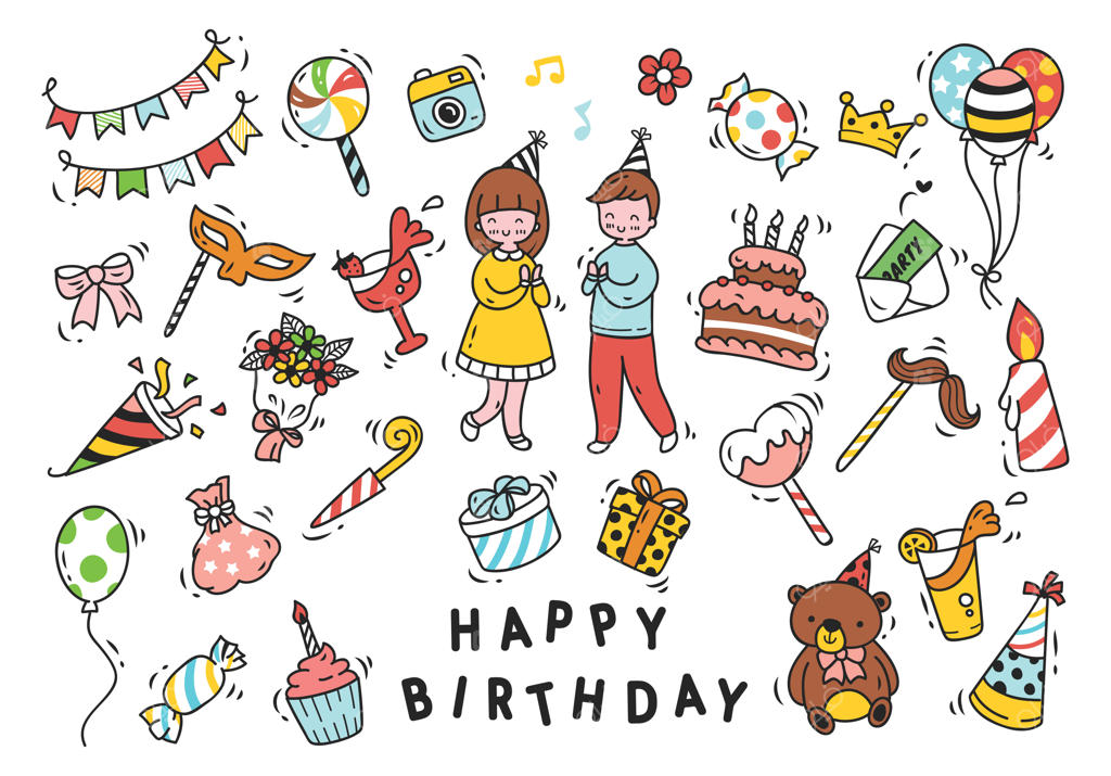 مجموعه‌ای از طراحی‌های جشن تولد به سبک دودل روی زمینه سفید