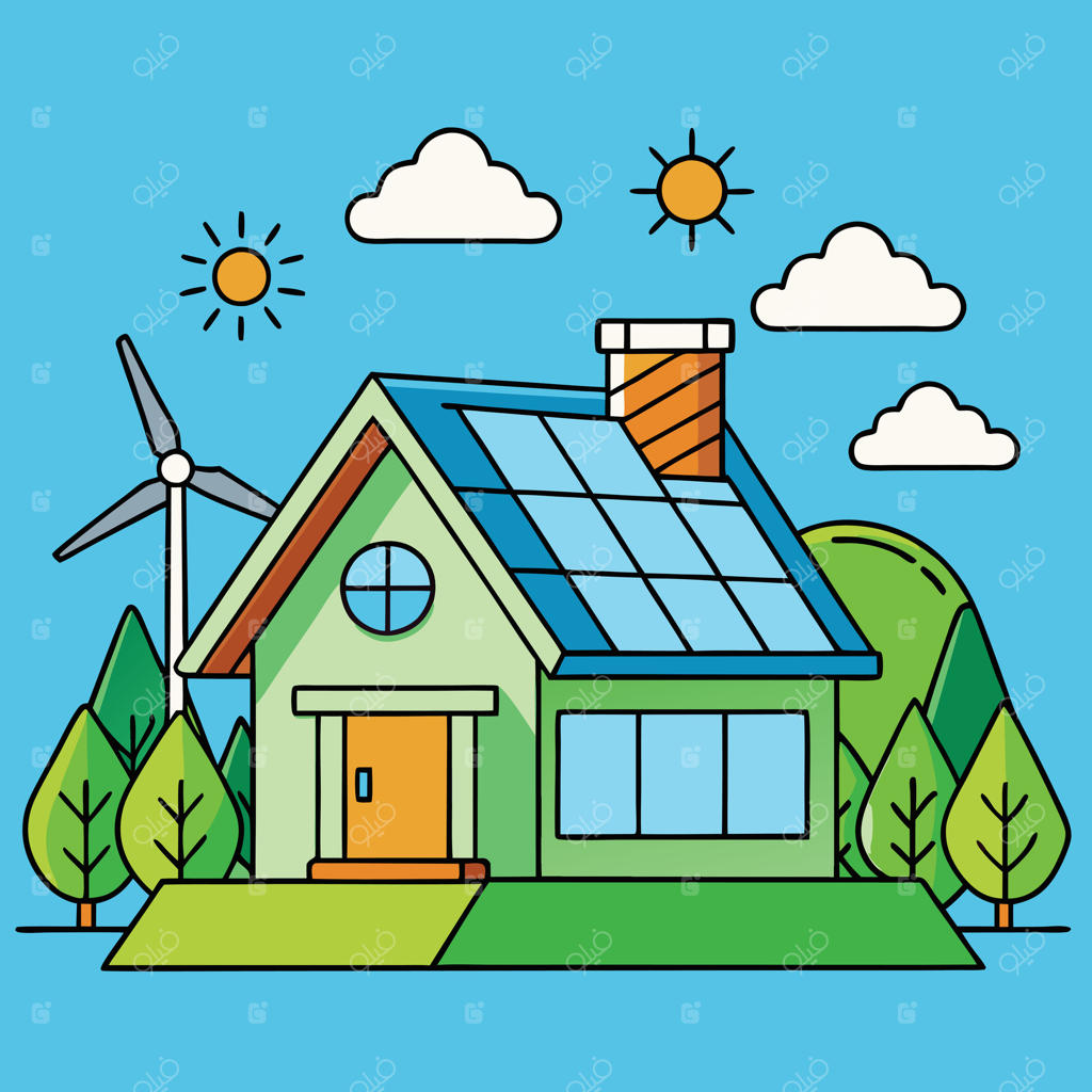 خانه سازگار با محیط زیست با پنل‌های خورشیدی و توربین بادی در چشم‌انداز سبز