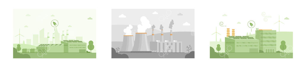 کارخانه دوستدار محیط زیست با پنل‌های خورشیدی، توربین بادی و نمای شهری. چشم‌انداز سیاه و سفید با برج‌های خنک‌کننده، دودکش‌ها و کارخانه. کارخانه سبز با پنل‌های خورشیدی و دودکش