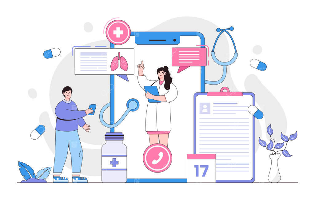 خدمات مدرن سلامت و مفهوم پزشکی آنلاین: گفتگوی اینترنتی بیمار با دکتر - طراحی سبک خطی و مینیمال برای صفحه فرود