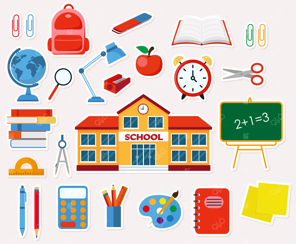 مجموعه استیکر و آیکون‌های وکتور بامزه مدرسه با سبک فلت
