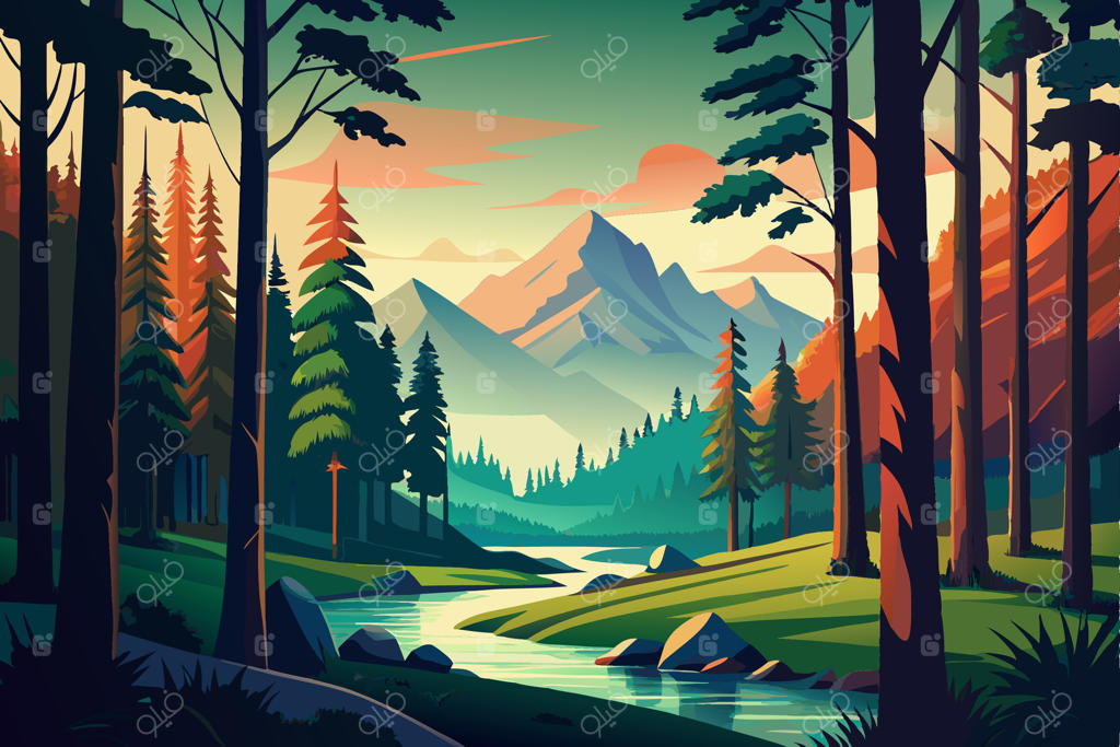 نقاشی از منظره کوهستانی با درختان و رودخانه