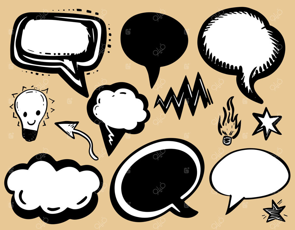 مجموعه‌ای از حباب‌های گفتار خالی دست‌کشیده. طراحی‌های مد روز کمیک. حباب گفتار و حباب چت. طراحی آزادانه