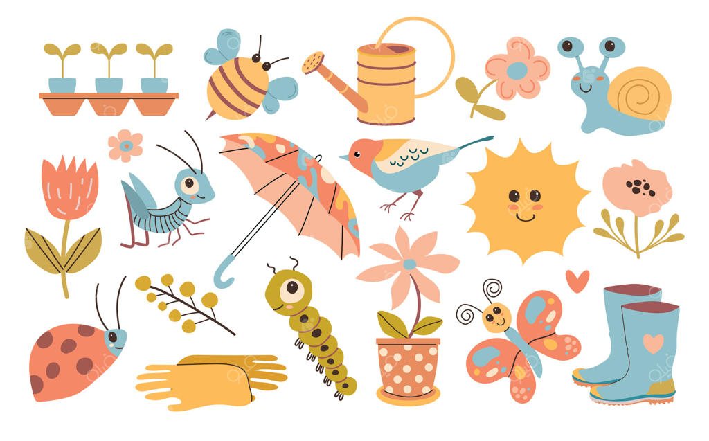 عناصر بهار: گل‌های شکوفا، دکوراسیون باغ بهاری، پرندگان زیبا، حشرات. پوستر، کارت، اسکرپ‌بوک، بسته استیکر. طراحی دستی وکتور.