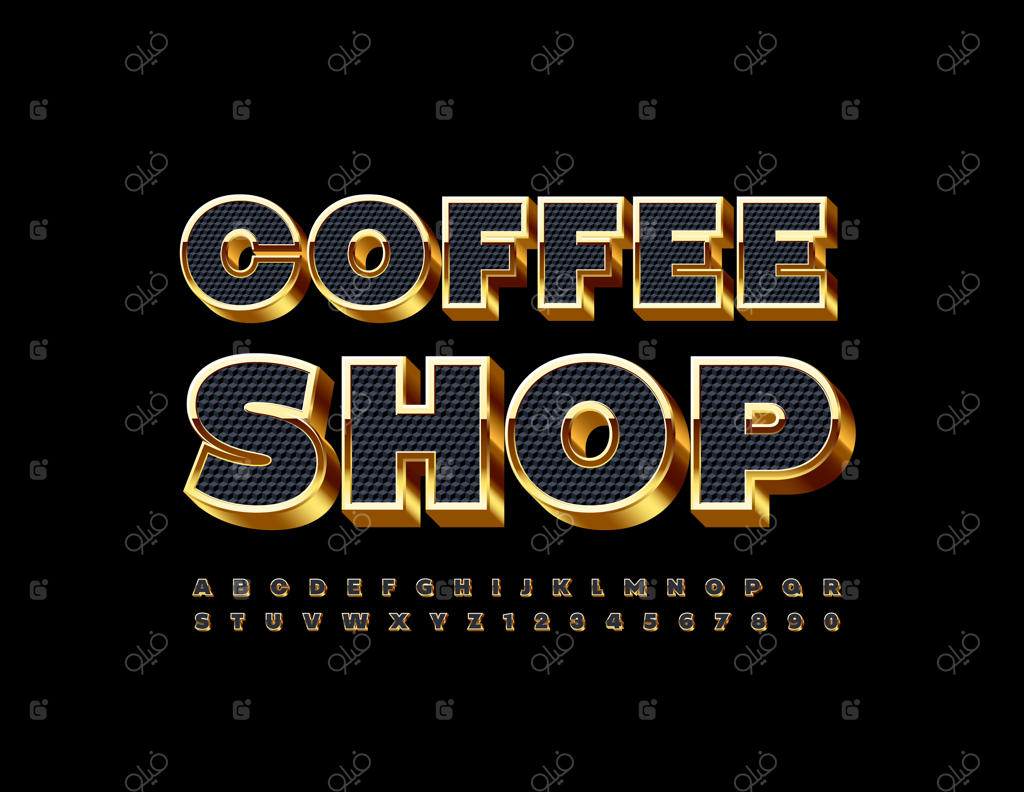 کافه با فونت مشکی و طلایی: مجموعه حروف و اعداد سه‌بعدی لوکس