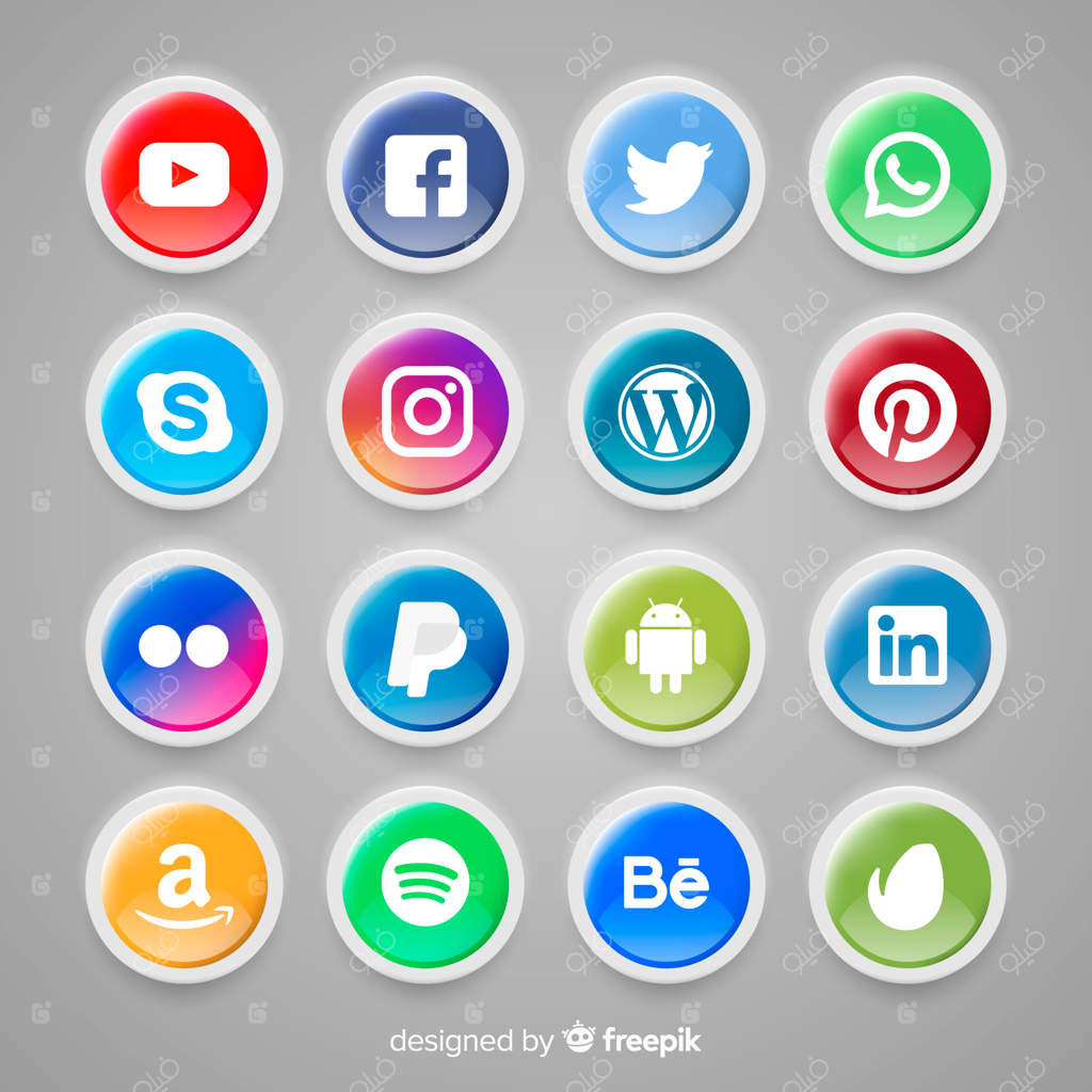 مجموعه‌ای از دکمه‌های واقع‌گرایانه با لوگوی شبکه‌های اجتماعی