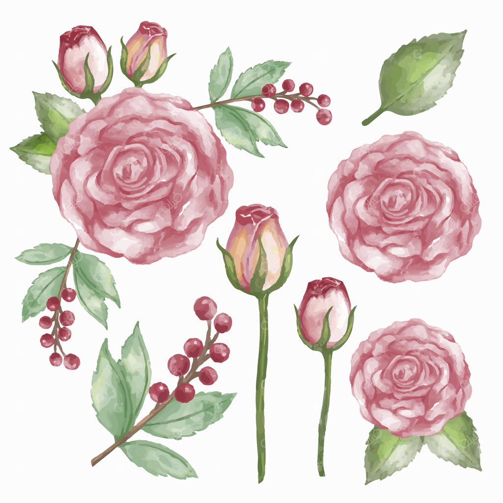 دسته گل زیبا و برگ‌ها برای تزیین به سبک آبرنگ