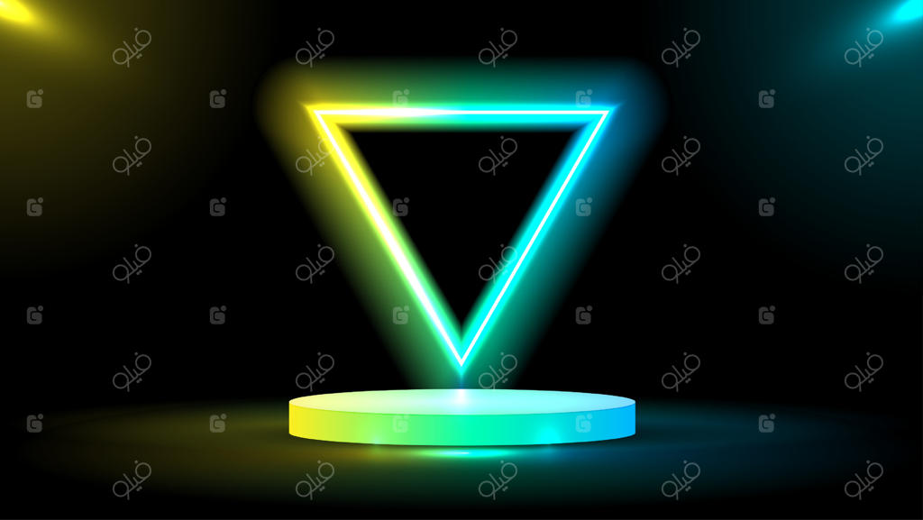 پودیوم یا سکویی با طراحی مثلثی و نور نئون در سبک علمی-تخیلی. صحنه‌ای انتزاعی با قاب‌های نئون زرد و آبی. نمایش محصول به صورت وکتور. صحنه‌ای مینیمال و آینده‌نگر. طراحی وکتوری.