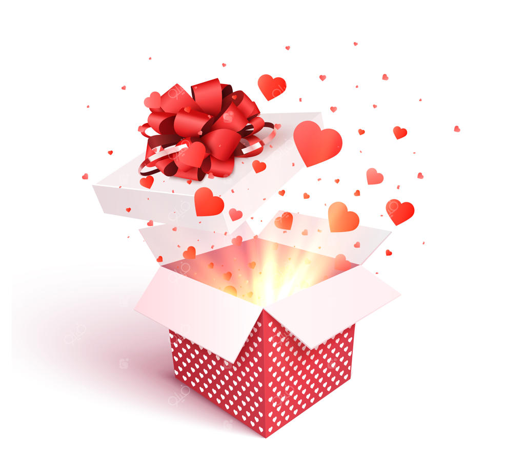 جعبه هدیه باز با انفجار کاغذهای قلبی. روز ولنتاین سه‌بعدی. هدیه رمانتیک