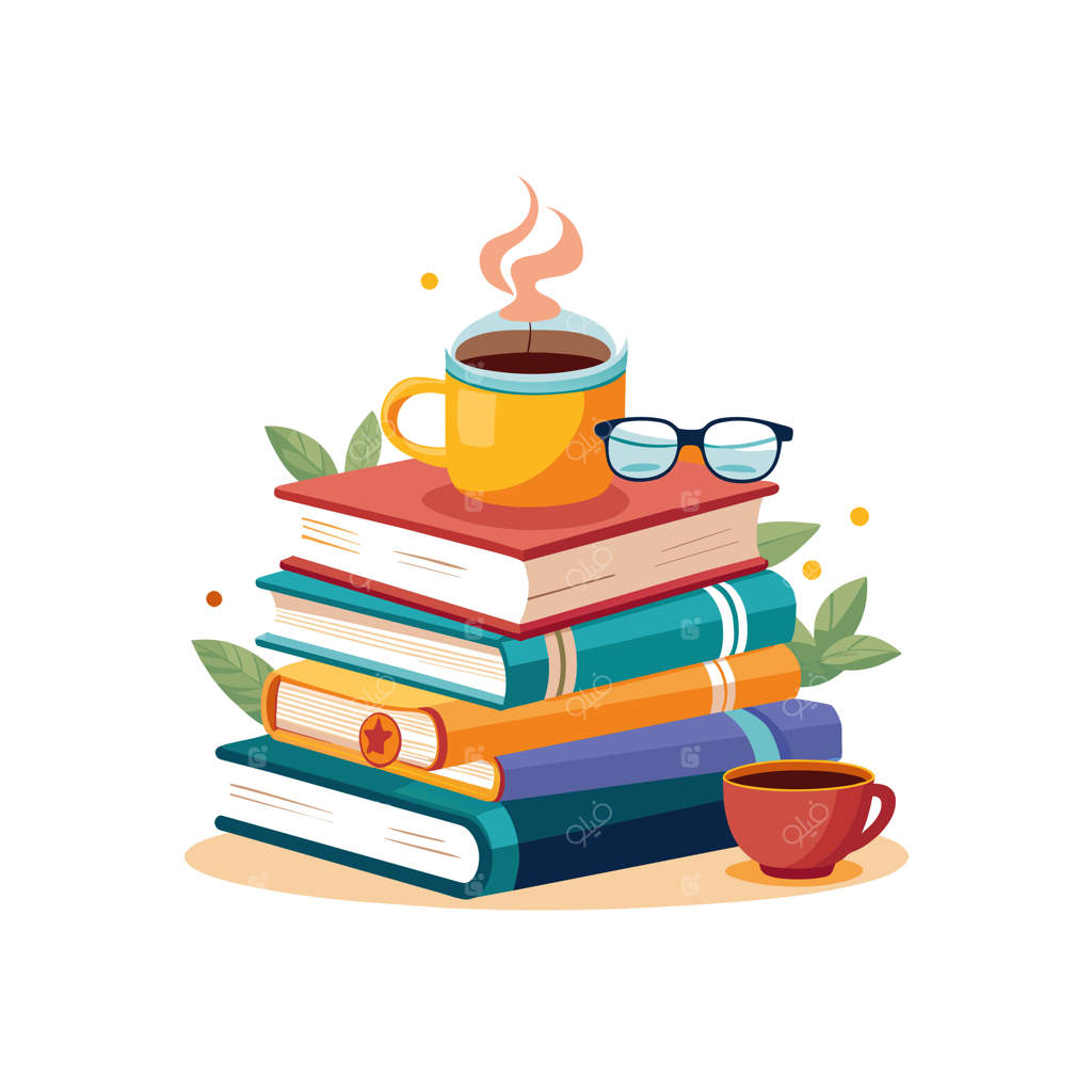 یک فنجان قهوه بر روی توده‌ای از کتاب‌ها