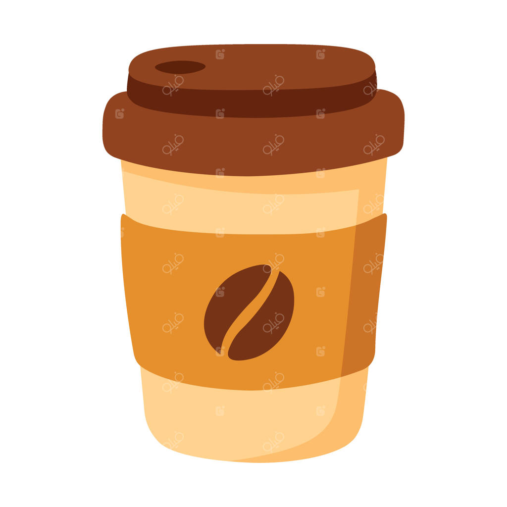 تصویر کارتونی لیوان قهوه با درب و دستگیره، مناسب برای تم‌های گرم و پذیرایی.