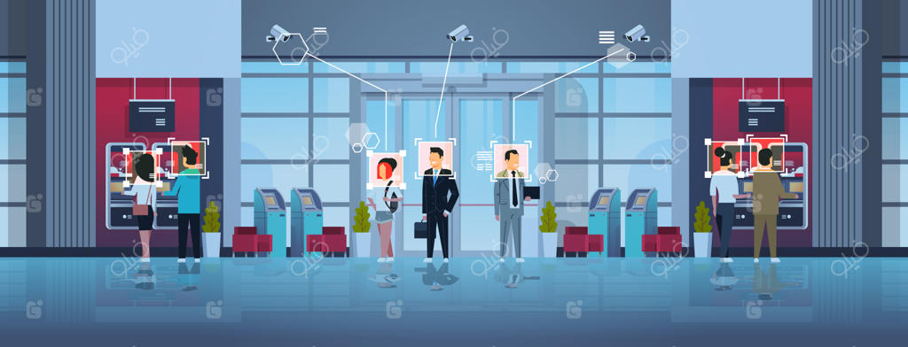 صف افراد در مقابل دستگاه خودپرداز برای برداشت پول - شناسایی و نظارت با دوربین‌ مداربسته و تشخیص چهره در مرکز تجاری