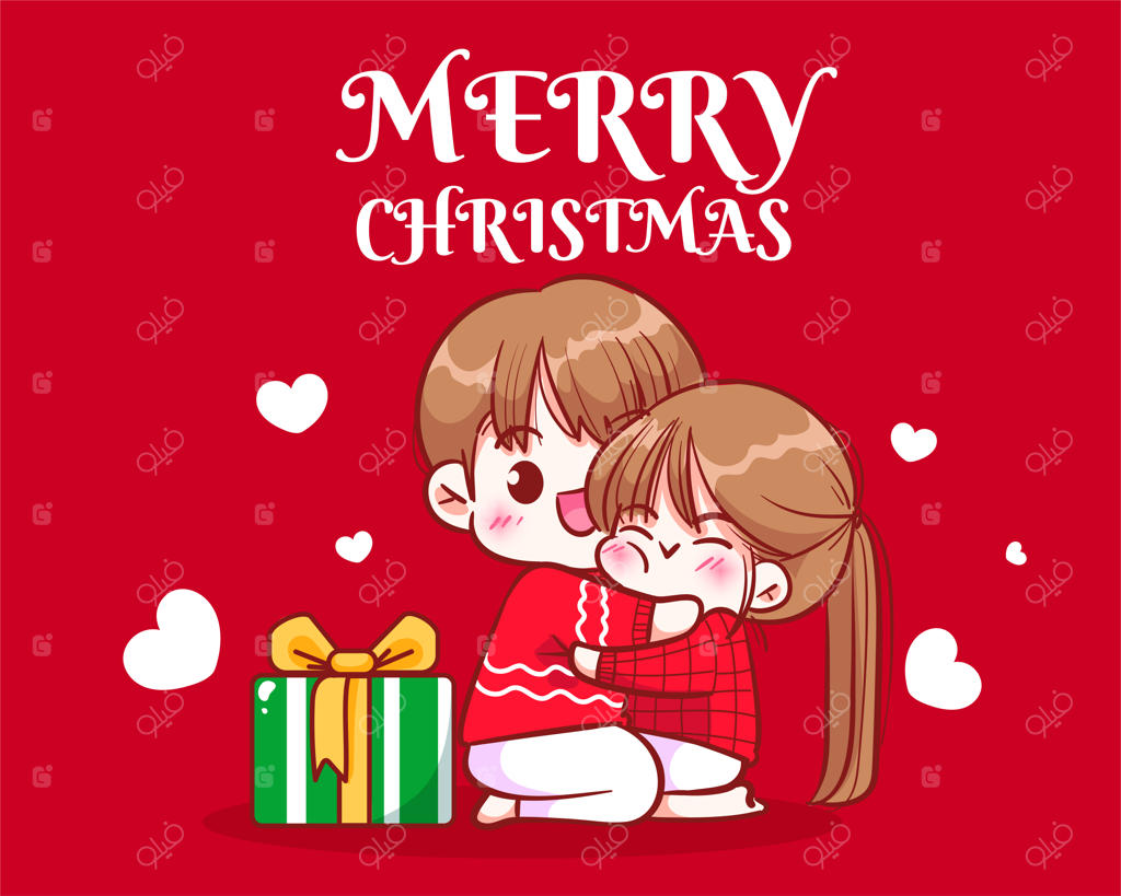 زوجی در آغوش یکدیگر زیر درخت کریسمس در جشن تعطیلات - هنر نقاشی کارتونی دستی