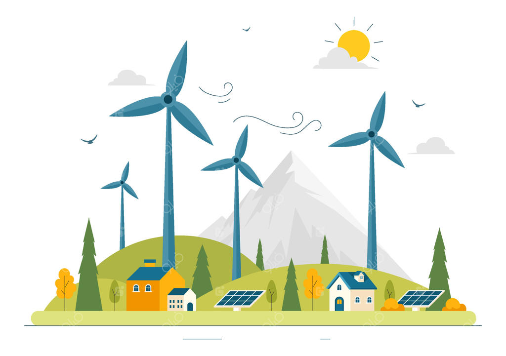 تصویرسازی توربین بادی انرژی سبز با تمرکز بر طبیعت و قدرت پایدار