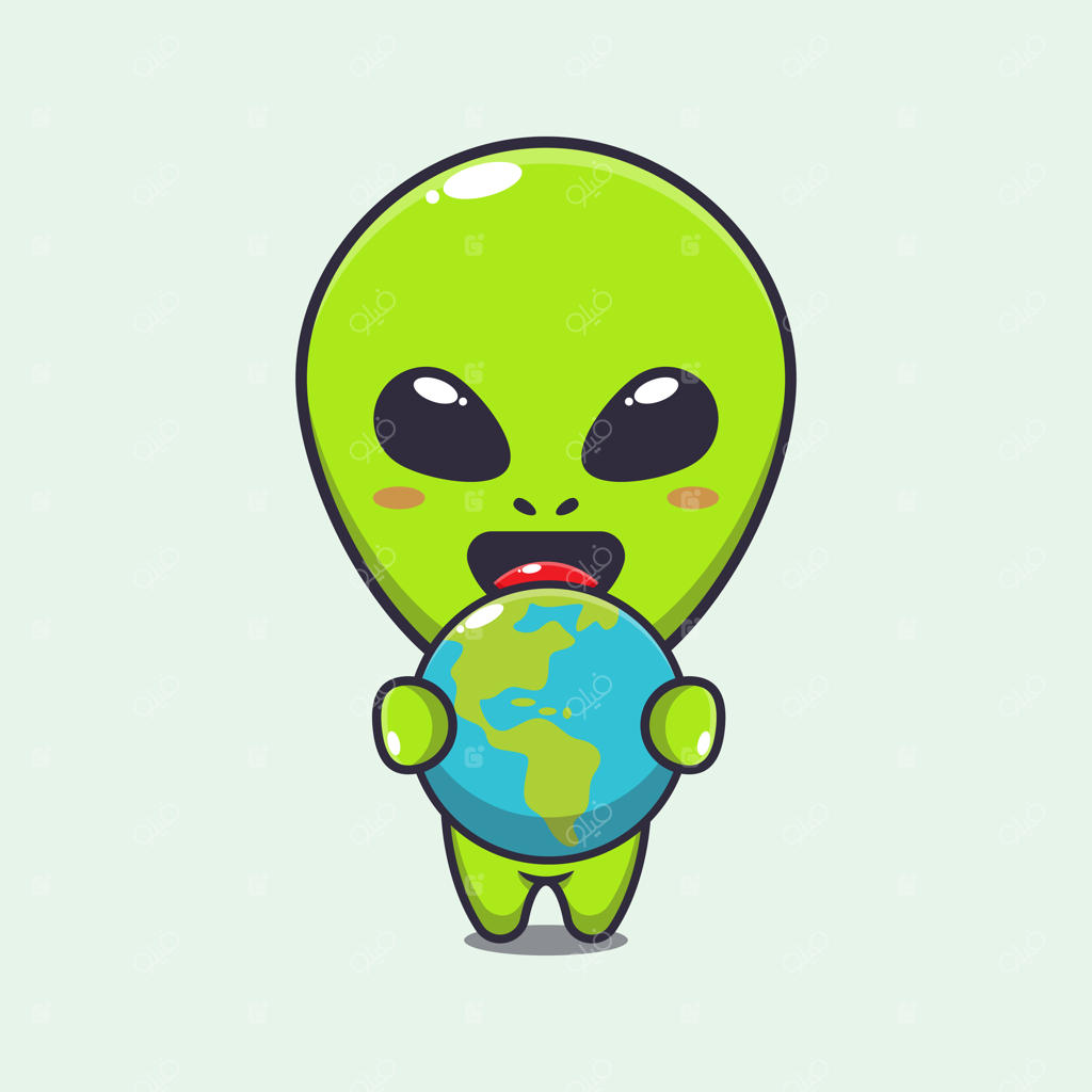 تصویر کارتونی موجود فضایی بامزه در حال در آغوش گرفتن زمین.