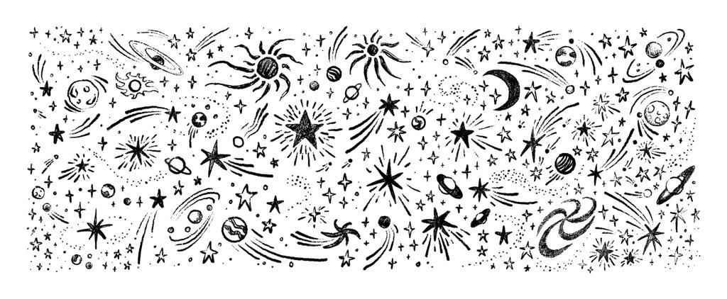 پس‌زمینه‌ مداد دستی و زمخت فضایی: نقاشی‌های خطی با مداد شمعی. ماه، خورشید، زمین، سیاره زحل، شهاب‌ها، ستاره‌های دنباله‌دار، خوشه‌های ستاره‌ای، سفینه فضایی بیگانه. خطوط کودکانه با گچ.