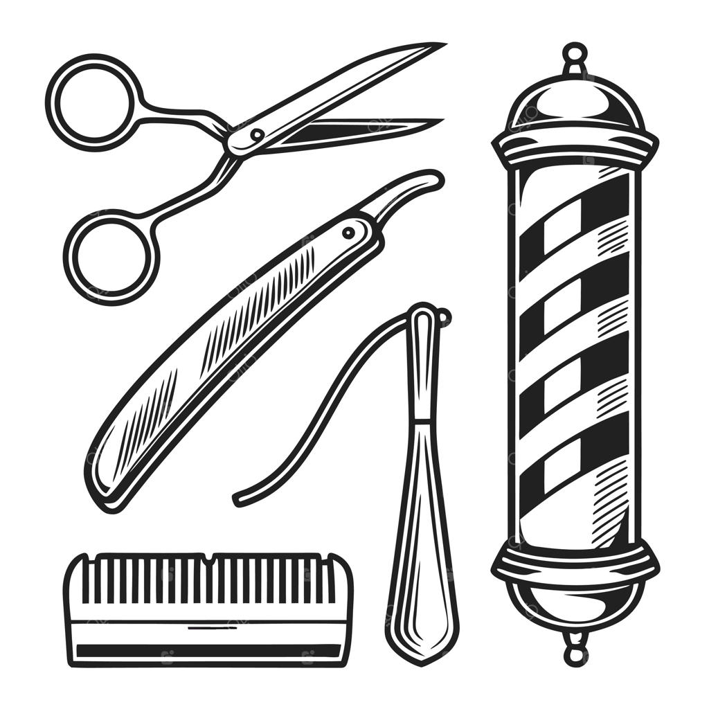 تصویر ابزار و تجهیزات آرایشگاه شامل قیچی، تیغ، شانه، برس و تیرک آرایشگری