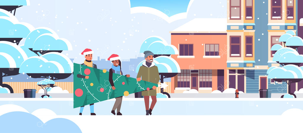 حمل درخت کاج برای جشن کریسمس و سال نو - دوستانی با کلاه بابانوئل در خیابان برفی شهر