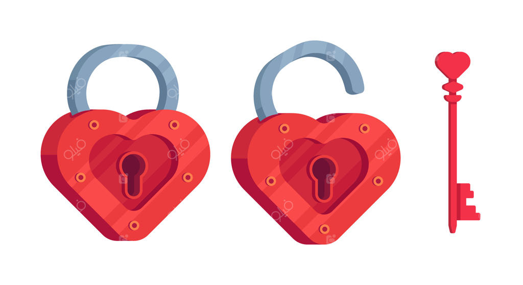 قفل قلبی شکل تخت با کلیدی برای آن به رنگ قرمز