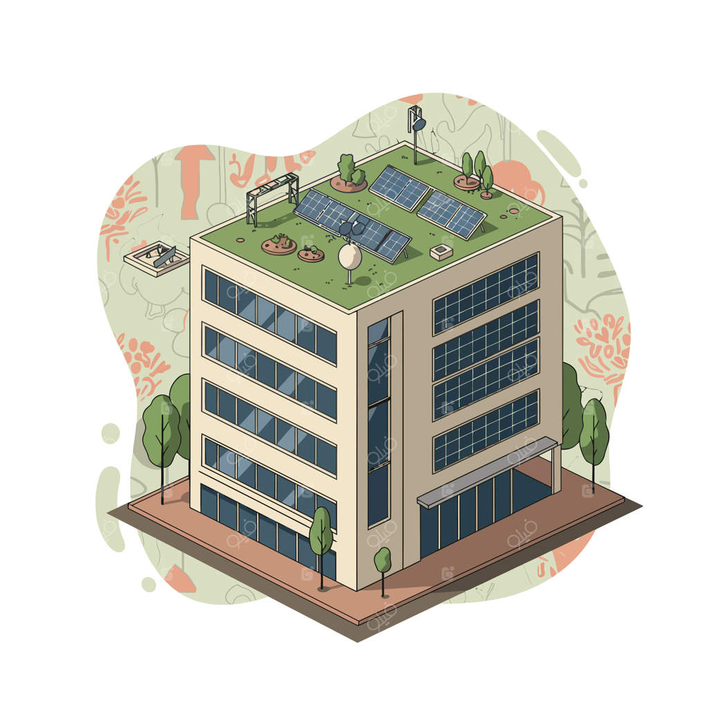 ساختمان اداری مدرن و پایدار با باغ بام و پنل‌های خورشیدی در محیط شهری برای طراحی سازگار با محیط زیست