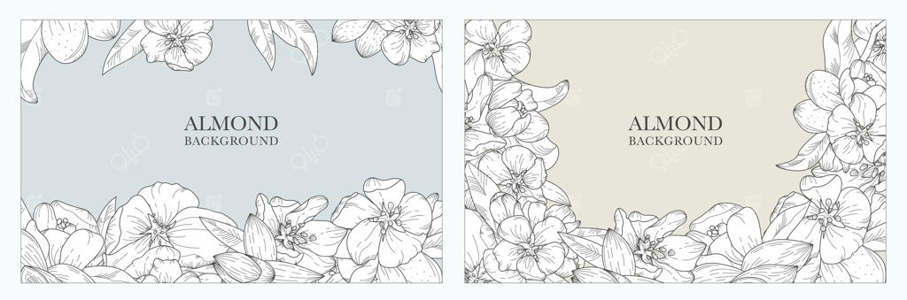 مجموعه‌ای از پس‌زمینه‌های بی‌نظیر با طرح گیاهی، شامل شکوفه‌های بادام و آجیل. گل‌های دستی شگفت‌انگیز و لوکس. مناسب برای تزئینات عروسی و رویدادها، کارت‌ها، چاپ‌ها و بنرها.