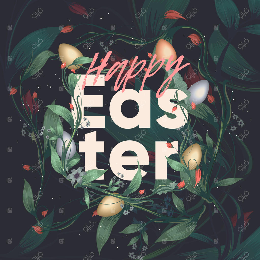 تصاویر انتزاعی عید پاک - نوشته‌های "عید پاک مبارک" میان گل‌ها، برگ‌ها و تخم‌مرغ‌ها روی زمینه تیره - کارت پستالی با متن، شاخه‌ها، شاخ و برگ و گل‌ها روی پس‌زمینه تیره