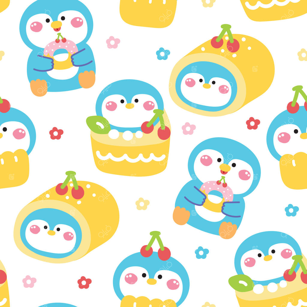 پترن یکپارچه پنگوئن‌های بامزه در منوی شیرینی با زمینه گل. پاستل. کیک گیلاسی، کاپ‌کیک، رول کیک. طراحی شخصیت کارتونی پرنده قطبی. کاوایی. تصویرسازی