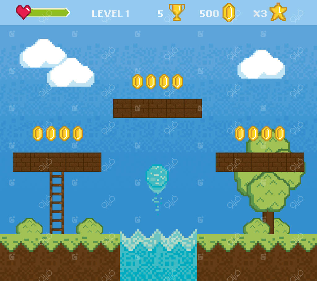 نمادهای صحنه بازی ویدیویی پیکسلی