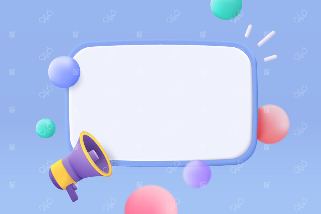 رندر سه بعدی بلندگو و مگافون دستی برای تبلیغات و اطلاع‌رسانی، موکاپ وکتور بلندگو با میکروفون برای هشدار و اعلامیه در پس‌زمینه آبی