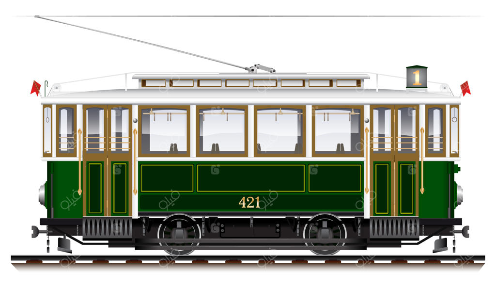 یک تراموای دو محوره قدیمی به رنگ سبز. حمل و نقل شهری دوستدار محیط زیست. نمای جانبی.