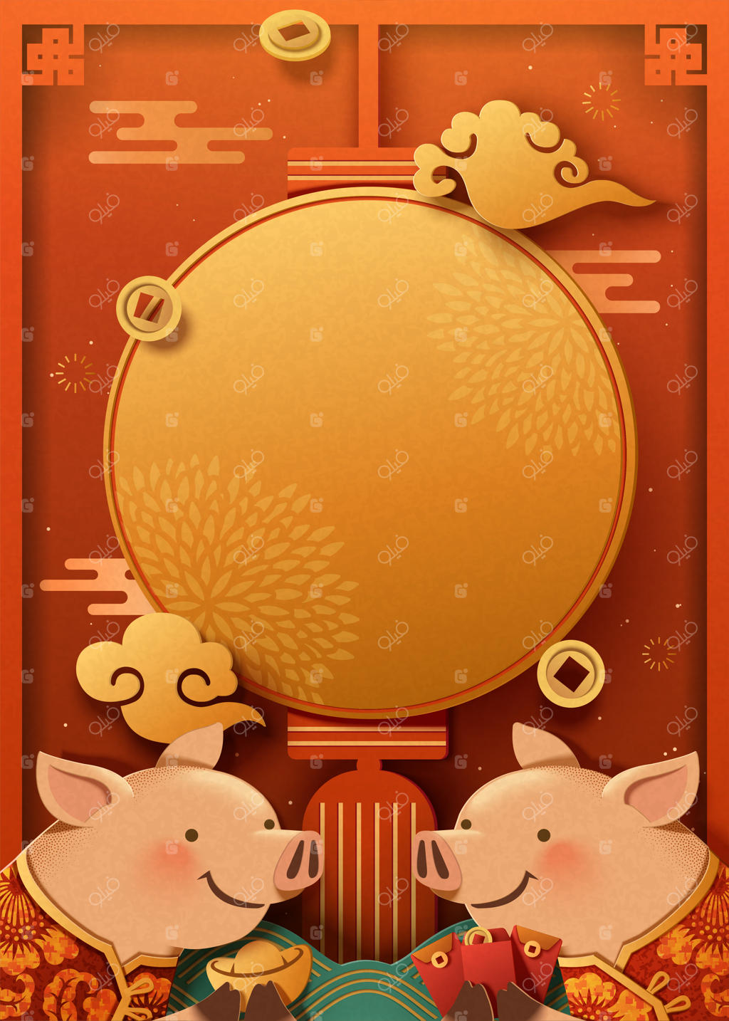 پوستر خوک بامزه با شمش طلا و پاکت قرمز، فانوس خالی برای جملات تبریک