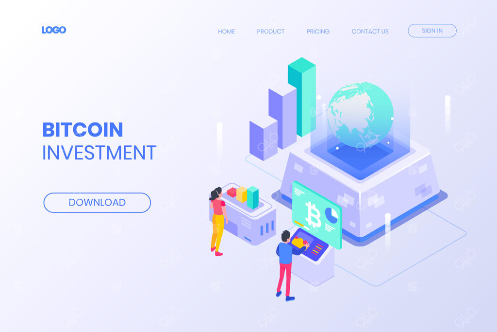 صفحه فرود سرمایه‌گذاری بیت‌کوین با طراحی ایزومتریک