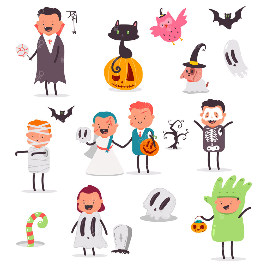 مجموعه کارتونی کودکان و حیوانات خانگی در لباس‌های مبدل.