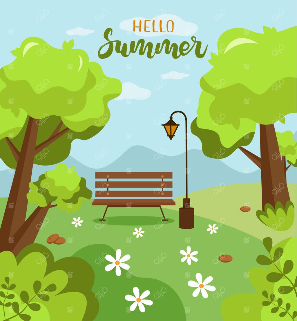 تصویرسازی منظره تابستانی به سبک کارتونی وکتور