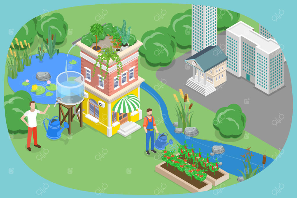 تصویر ایزومتریک سه‌بعدی از حفاظت آب در شهر: جمع‌آوری و استفاده مجدد از آب باران