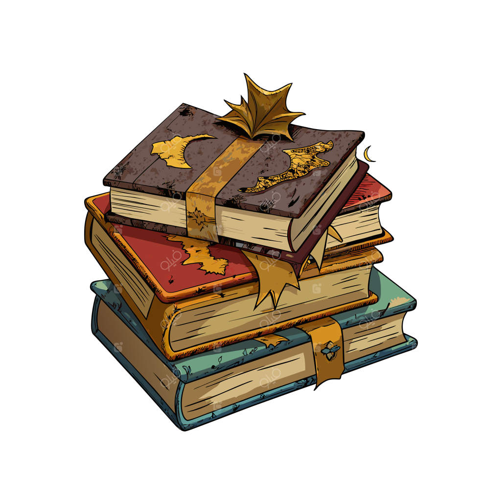 پشته‌ای از کتاب‌ها با یک برگ افرا بر روی آنها