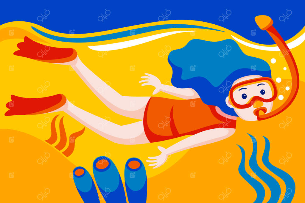 دختری با ماسک غواصی در میان ماهیان گرمسیری و صخره‌های مرجانی به زیر آب می‌رود.