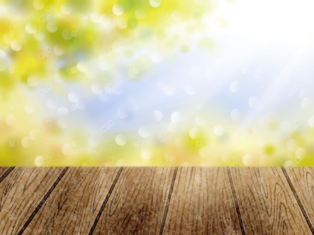 زمینه بوکه طبیعی، نور آفتاب و برگ‌های سبز با میز چوبی در فضای باز