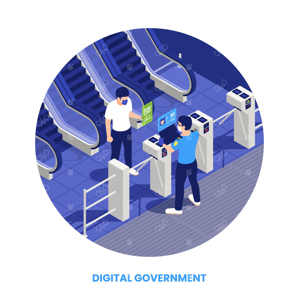 مفهوم دولت دیجیتال با ورود شهروند به حمل‌ونقل عمومی با استفاده از کد QR - تصویر ایزومتریک وکتور