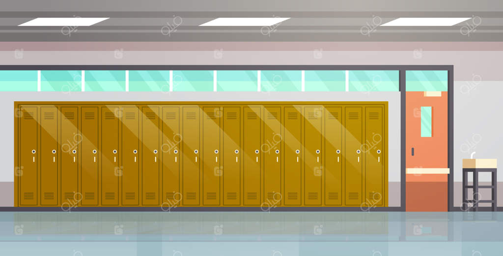 راهروی خالی مدرسه با صفی از قفسه‌ها